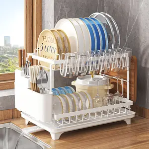 Miaoli Double-Layer Heavy-Duty Metal Dish Rack | Space-Saving Kitchen Storage Rack with Upper and Lower Shelves, Utensil Holder, and Cup Hooks. Ideal for Compact Kitchens. Durable Rust-Resistant Design. STO Kitchen Dish Rack.
