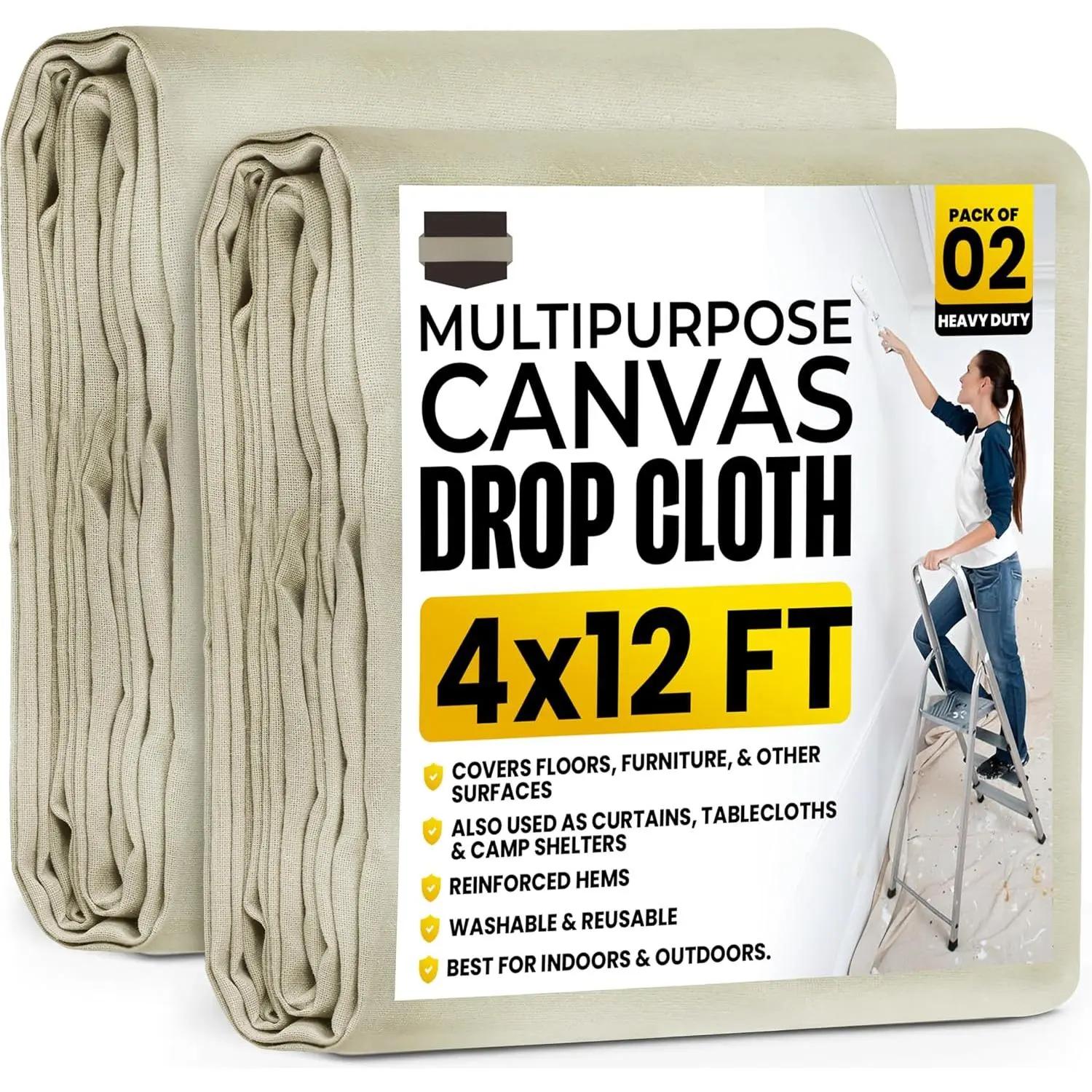 Drop Cloth for Painting (4x12 ft, 2 Pack) Washable and Reusable Canvas Fabric for Furniture & Floor Protection Highly Absorbent Paint Cover - Duck Dropcloth for Outdoor and Indoor Use Yifanyou Sports