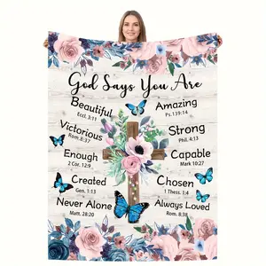 1pc Inspirational Floral Cross Print Blanket - Soft Flannel, All-Season Comfort, Machine Washable, Ideal for Travel, Sofa, Bed, Office Decor, Perfect Birthday Gift, Travel Comfort Item|Decorative Blanket|Polyester Fabric,summervibes