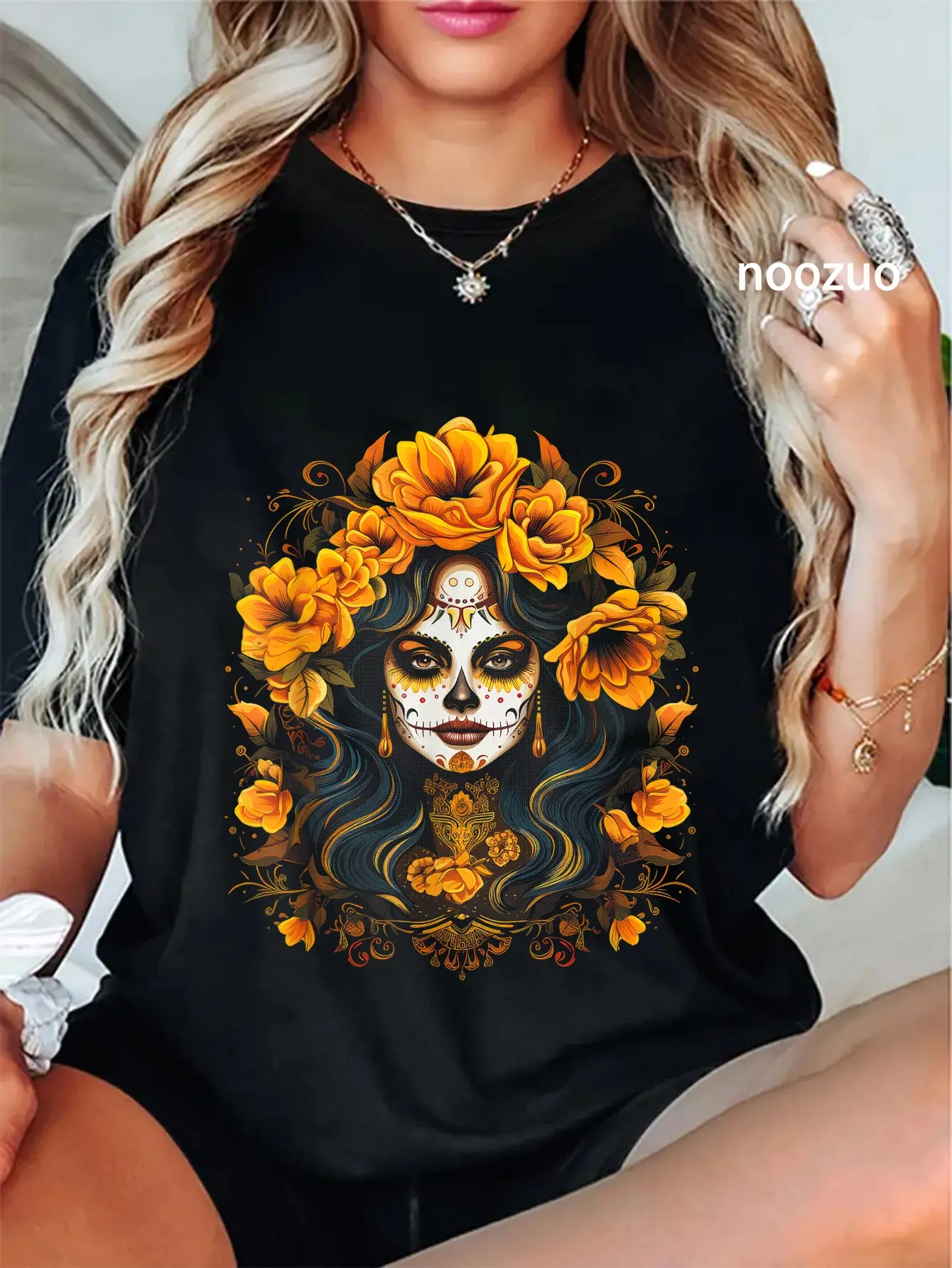 100% Cotton Unisex De Los Muertos La Catrina Day of the Dead Sugar Skull Women T-Shirt Casual Graphic Printed Tee