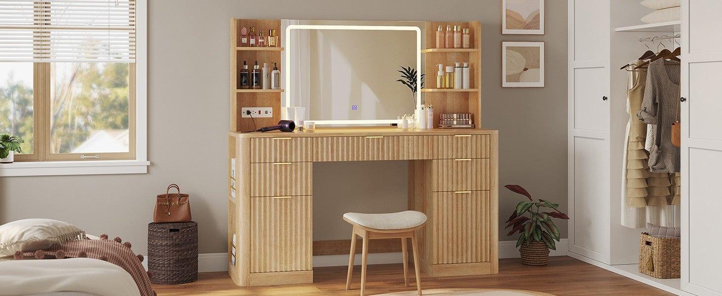 Sikaic 51.2" Fluted Makeup Vanity Desk with Large 30.3" Mirror and Lights, 5 Drawer Vanity with Power Strip, 6 Open Shelves, 2 Cabinets, Modern Dressing Table with Solid Wood Legs for Bedroom, Oak summergarden