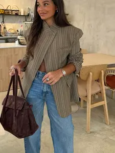 Women's Spring Summer New Plaid Asymmetrical Casual Blazer, High-End Elegant Vintage Design, Fashionable Outerwear for Ladies Womenswear
