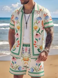 Men's Summer Beach Casual Short Sleeve Button Shirt Set, Fashion Plant Print Clothing, Perfect for Outdoor Fun and Parties