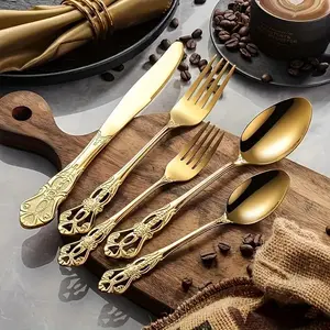 25/20/5-piece vintage royal tableware set, suitable for 6 people. High quality stainless steel flatware. Fine silverware includes knives, forks and spoons. Stylish tableware suitable for family/hotel/wedding/birthday. Mirror finish, dishwasher free