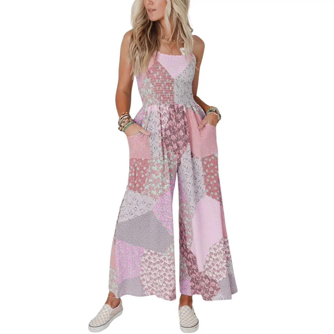 Chouyatou Women's Sleeveless Color Block Floral Wide Leg Spaghetti-Strap Overalls, Smocked Waist Ethnic Fashion Romper with Matching Top, Elastic, Printed, Elegant, Flowers, Fashion Apparel, Wedding, Outdoors