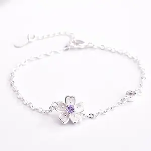 Korean Cherry Blossom Bracelet Versatile Japanese Style Korean Sweet Amethyst Pink Diamond Purple Diamond Flower Branch Inlaid Diamond Jewelry