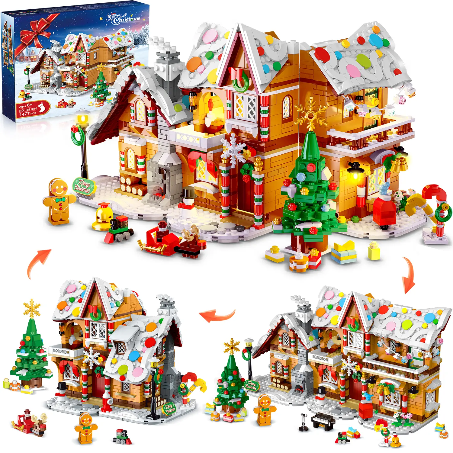 2026 Snowscape Village (Santa, Xmas Tree, Train),3-Style Christmas Gingerbread House Building Set with LED,  1477 PCS, Gift for 6+ Adults & Kids