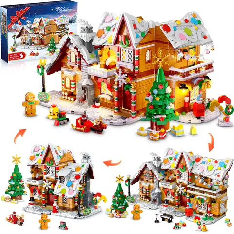 2026 Snowscape Village (Santa, Xmas Tree, Train),3-Style Christmas Gingerbread House Building Set with LED,  1477 PCS, Gift for 6+ Adults & Kids