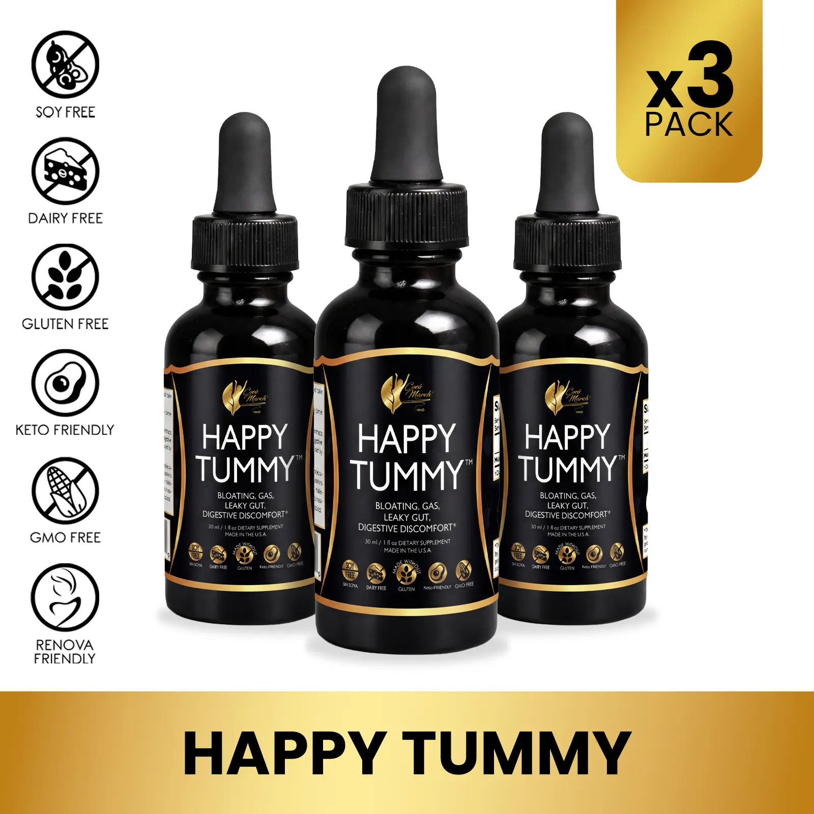 3 Bottles of Cocó March N.M.D Happy Tummy Dietary Supplement, Digestive & Gut Health Wellness Supplement for All Ages, 30ml