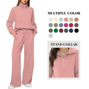 Casly Lamiit Women's 2 Piece Outfits Lounge Set 2026 Oversized Half Zip Sweatshirt & Wide Leg Sweatpants Navy Blue Minimalist Cozy Fabric Trendy Design All Match Longsleeves