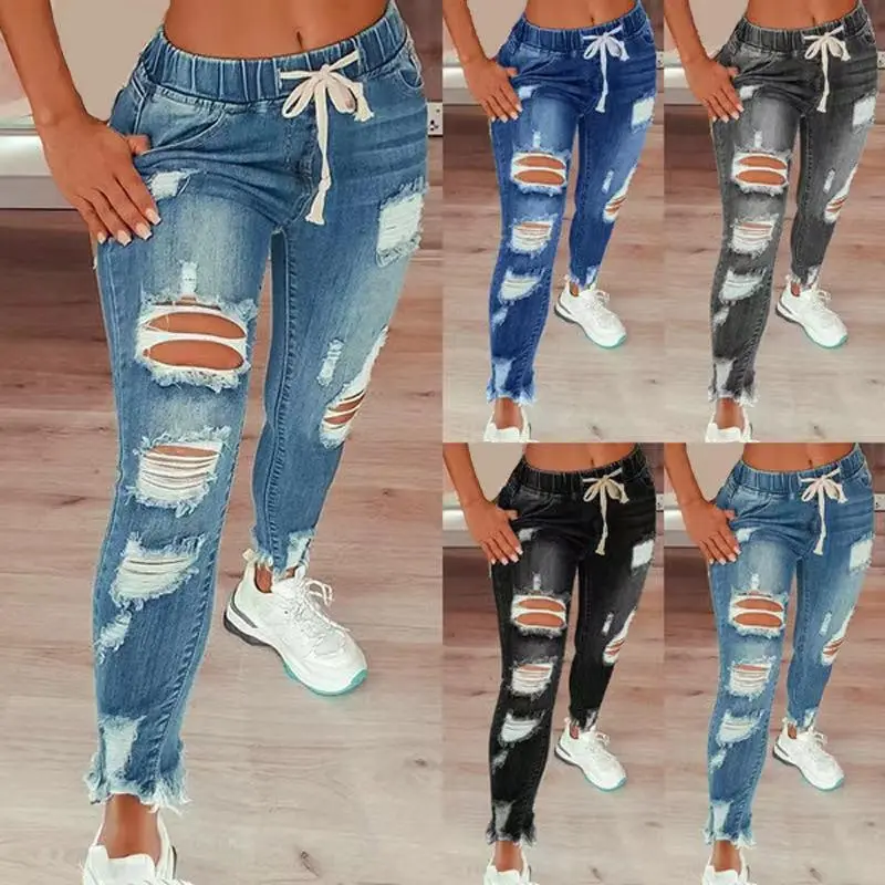 New Women's Trendy High-Waist Ripped Elastic Waist Drawstring Denim Pants, Comfortable Casual Style Denim Fabric Multi-Size Sports & Outdoor Bottoms