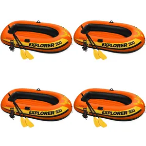 Intex Explorer 300 Compact Inflatable 3 Person Raft Boat w/ Pump & Oars (4 Pack)
