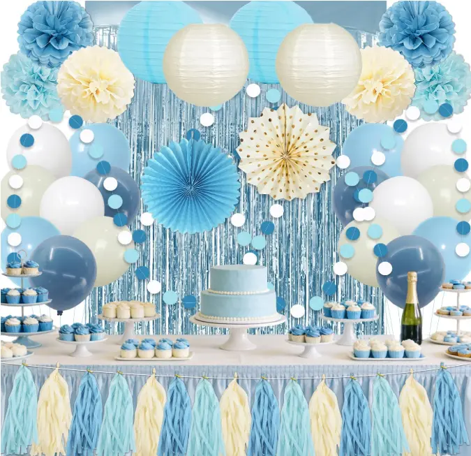 Dusty Blue Happy Birthday Party Decoration Kit - Paper Fans, Pom Poms, Tassel Garland, Fringe Curtain, Balloons for Baby Shower Festive Backdrops & Party Supplies