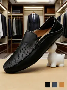 Men's Breathable Hollow-Out Perforated Loafers Two-Way Wear Slip-On Driving Shoes Lightweight Non-Slip Wide Width Vegan Leather Casual Shoes for Office Work & Big Size 11-14