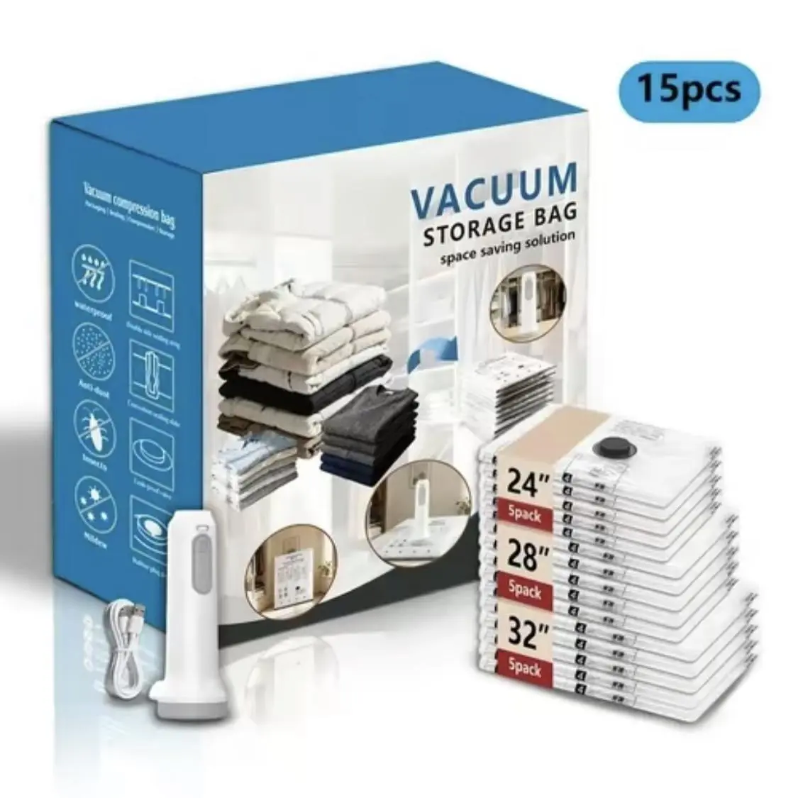 【DealsForYouDays】Snofrid Cordless Travel Vacuum Storage Compression Bag Set – 15-Pack in 3 Sizes – USB Rechargeable Handheld Pump with Built-In Battery – Waterproof & Reusable Space Saver for Clothes & Packing, Perfect for Carry-On Suitcases
