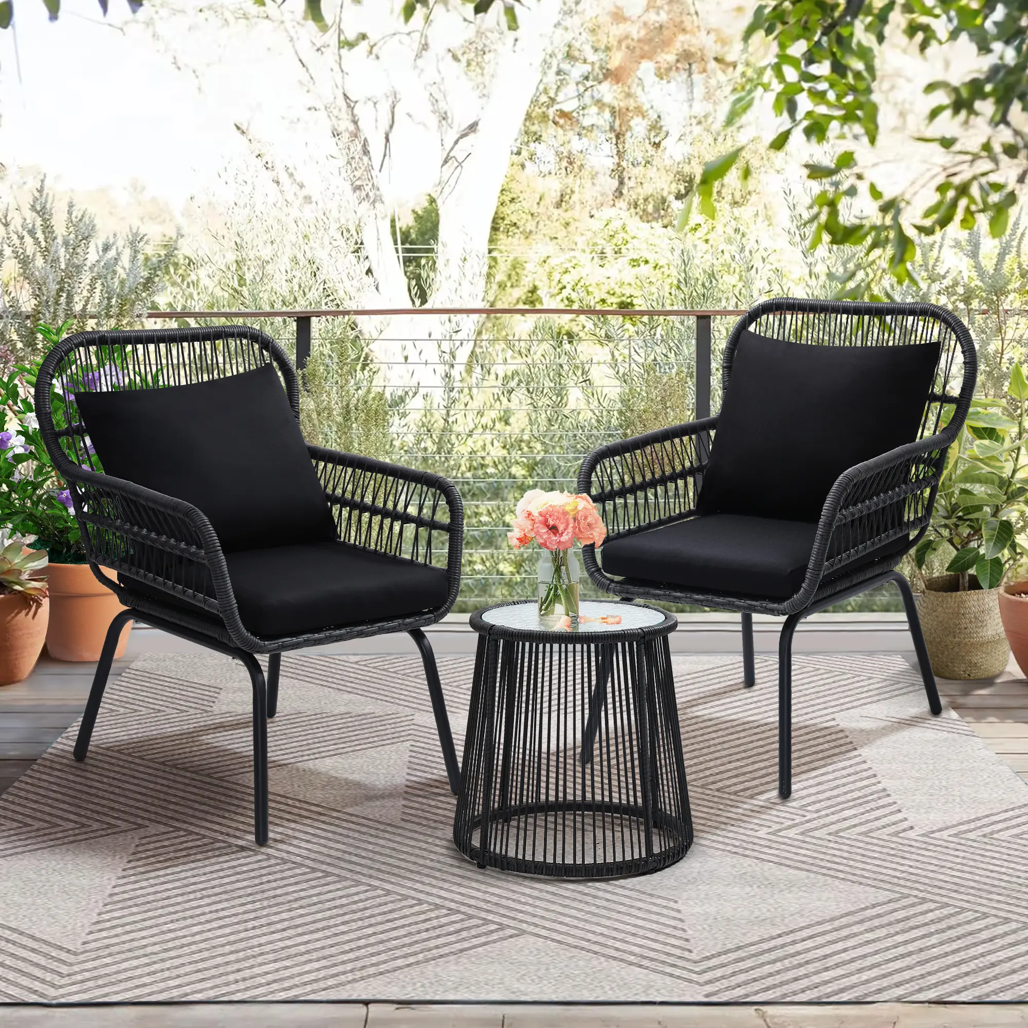 3-Piece Rattan Wicker Bistro Set Outdoor Conversation Set with Glass Top Table Space-Saving Design for Balcony Backyard Patio Stylish Black Durable Furniture tiktokshopspringglowup summerwins