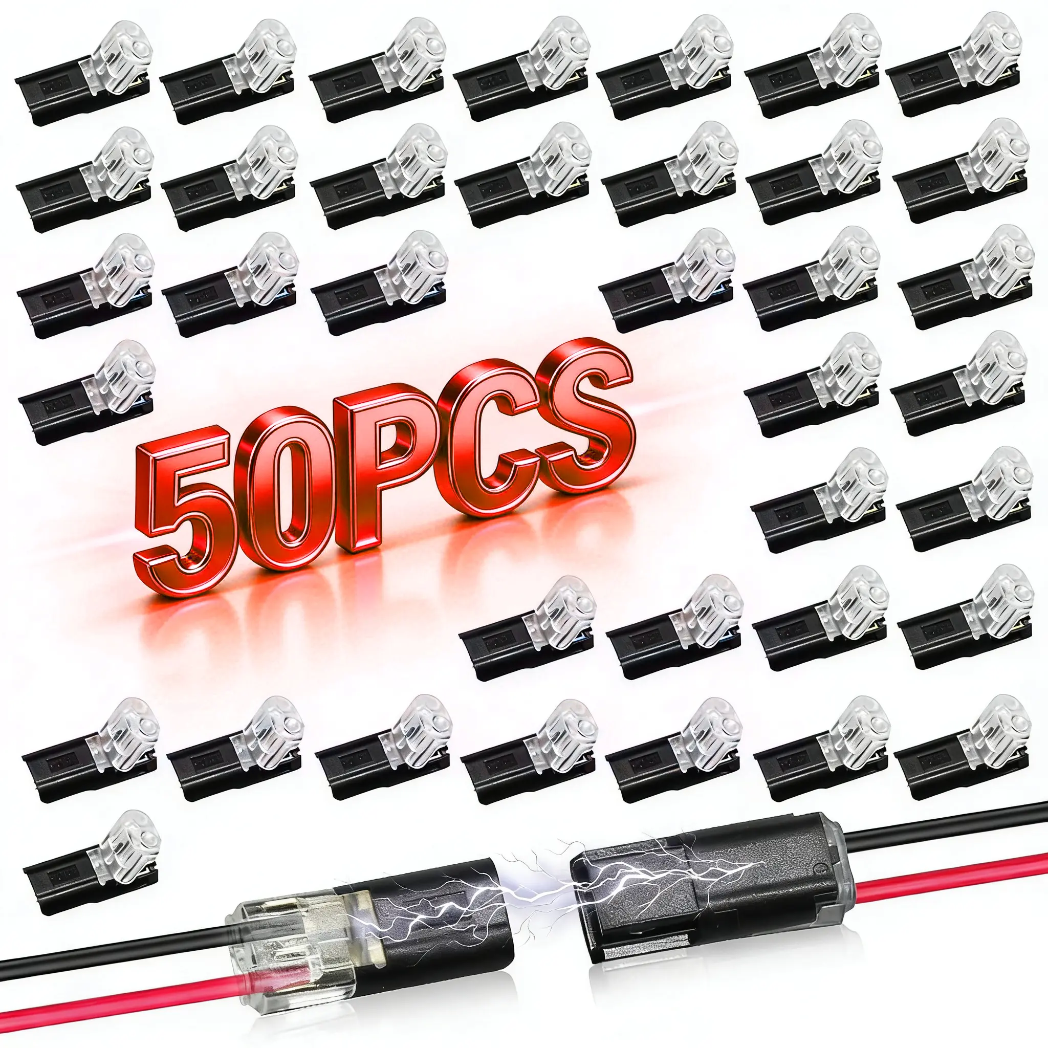 Quick Splice Solderless Connectors 50pcs 2-Pin Dual Way Tool-Free Pluggable AWG 18-22 Crimp Blocks for LED Strip Car Low Voltage DIY Projects Made in China