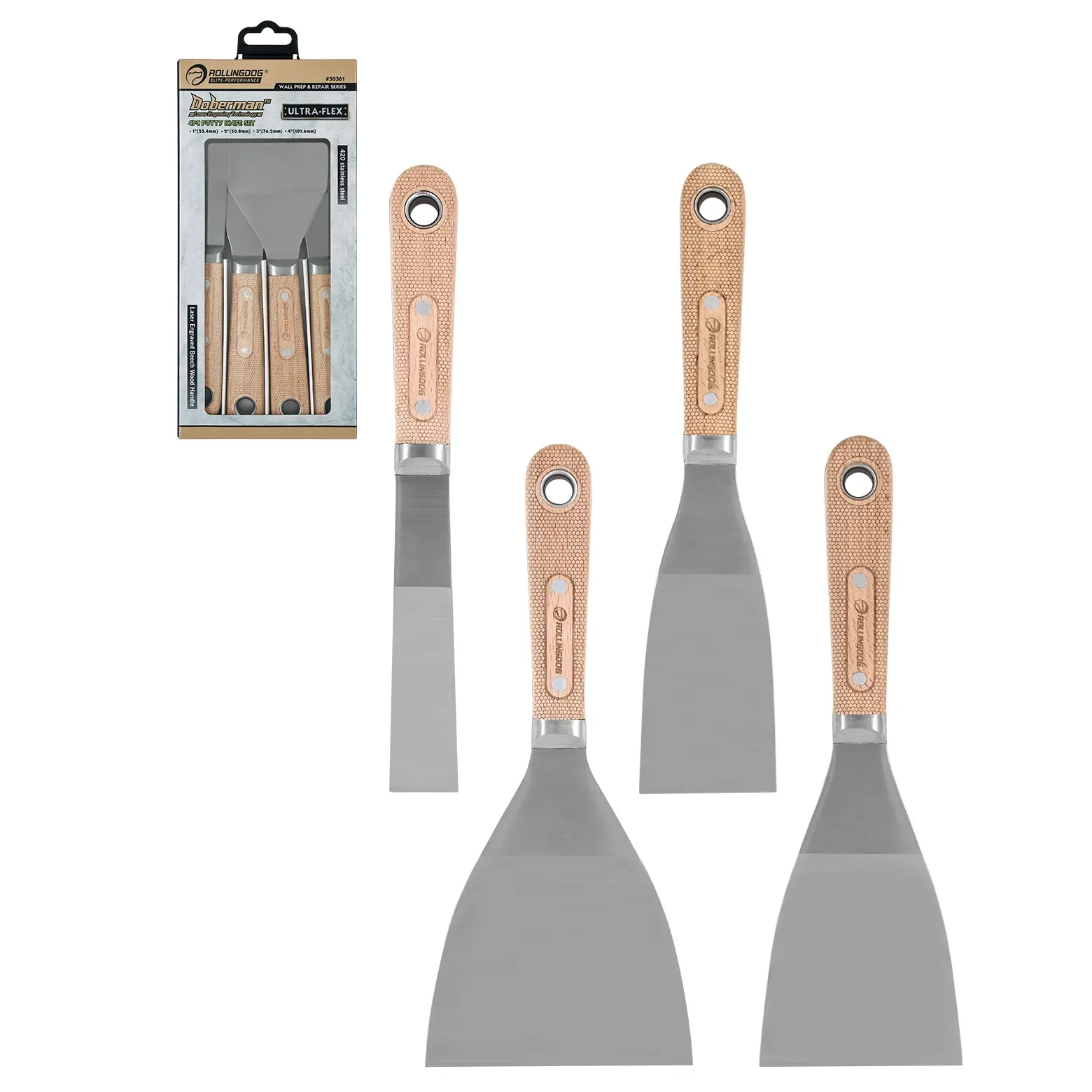 ROLLINGDOG 4PC 420 Stainless Steel Putty Knife Scraper Set - 1",2",3",4" Sizes, Corrosion-Resistant Beech Wood Laser-Engraved Ergonomic Handles, Full-Tang Construction, Minimizes Hand Fatigue, for Drywall Repairs, Spreading, Cleaning, Removing Caulk
