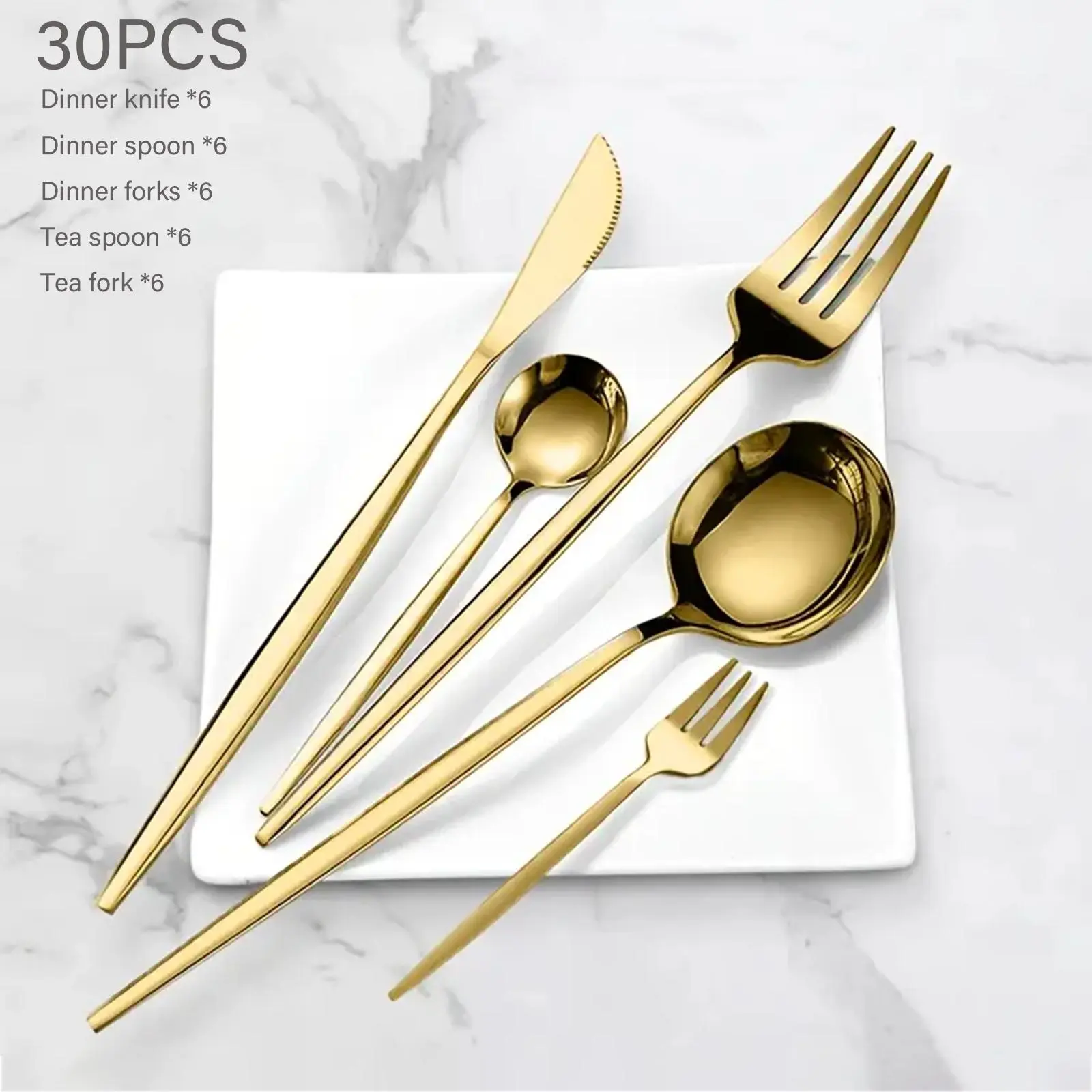 Stainless Steel Gold Cutlery Set, Kitchen Dining Utensils, 30pcs/set Cutlery Mirror-Polished Flatware Service for 6, Includes Dinner Knives, Dinner Spoons, Dinner Forks, Teaspoons and Tea Forks, Durable and Dishwasher Safe