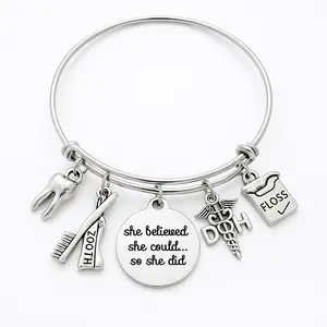 Dental Charm Bracelet – Adjustable Silver Bangle with Tooth, Toothbrush, Floss & Inspirational Pendant