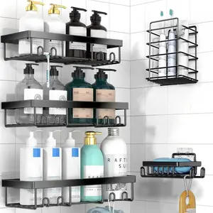 Shower Caddy 5 Pack, Adhesive Bathroom Shower Organizer for Bathroom Storage, No Drilling Large Capacity Rustproof Stainless Steel Shower Shelves Rack for Bath, Black