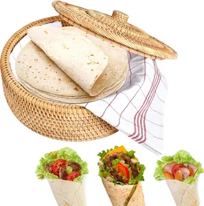 10.2 Inches Rattan Tortilla Warmer, Handcrafted Tortilla Basket with Lid, Sustainable Brown Tortilla Holder Come with  Towel Cloth Rustic Mexican Tortilla for Pancake Taco Bread