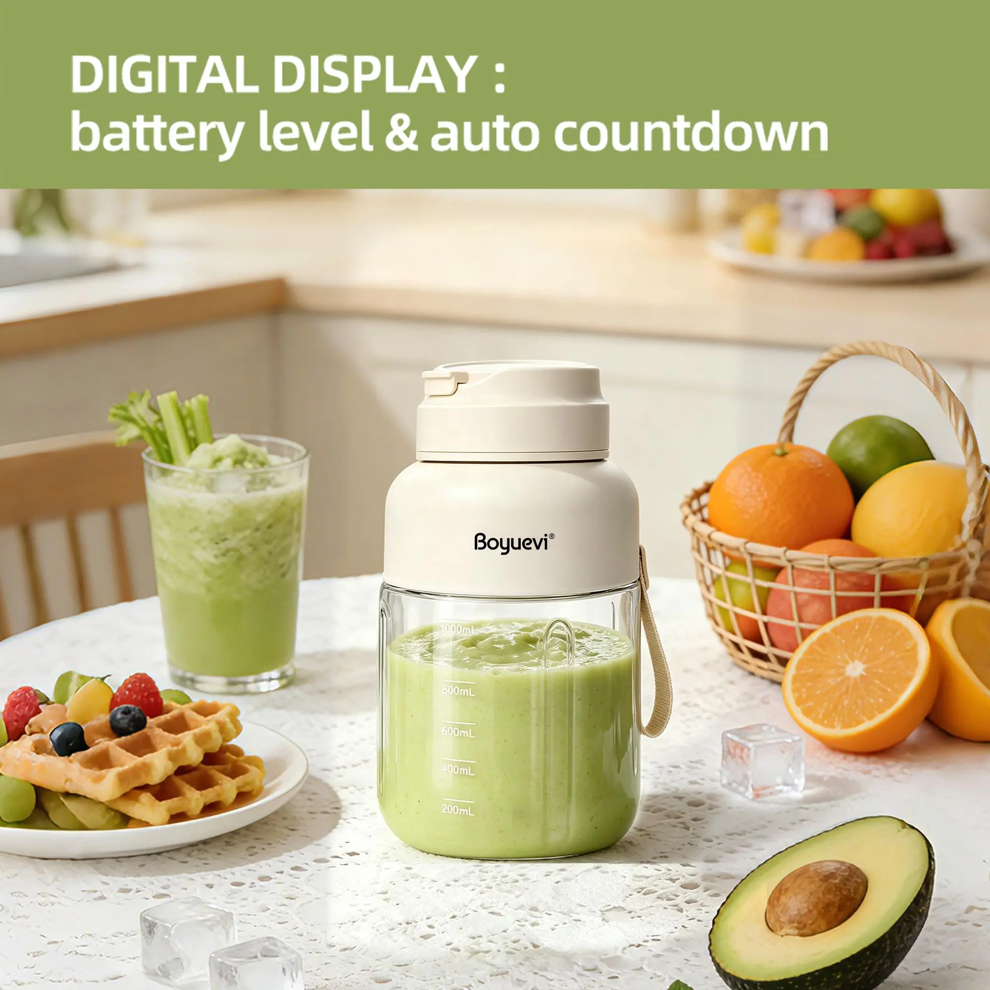 Boyuevi 1350ML Portable Blender | USB Rechargeable Ice Crushing Juicer Cup, Travel Smoothie Maker for Protein Shakes & Fresh Fruit Juice