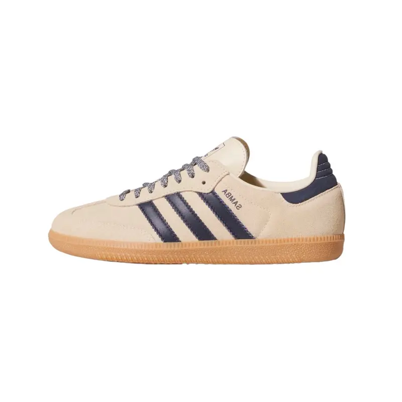 Adidas Samba 3-Stripes Warm Vanilla Night Indigo Gum Rubber Youth Grade School Sizing Women’s Daily Casual Fashion Walking Athletic Closed-Toe Sneakers, T-Toe Shape, Night Indigo Stripes, Leather Upper