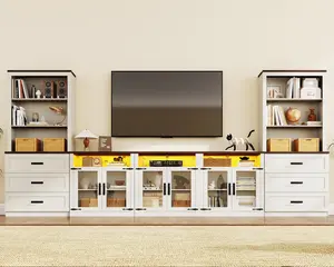 157" W 4-Piece Entertainment Center with Bookshelves for TVs up to 100", Farmhouse Wall Unit TV Stand with Doors & Drawer, Media Console Table for Living Room, Bedroom, White/Brown