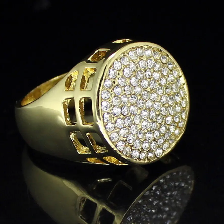 MaxBling81 Men's High Quality Hip Hop Inspired Statement Ring - Gold/Silver Plated Luxury Round CZ Glittered Pinky Ring, Male Daily Wear Jewelry, Sizes 8-12, High Quality Ring, Hip Hop Inspired Ring