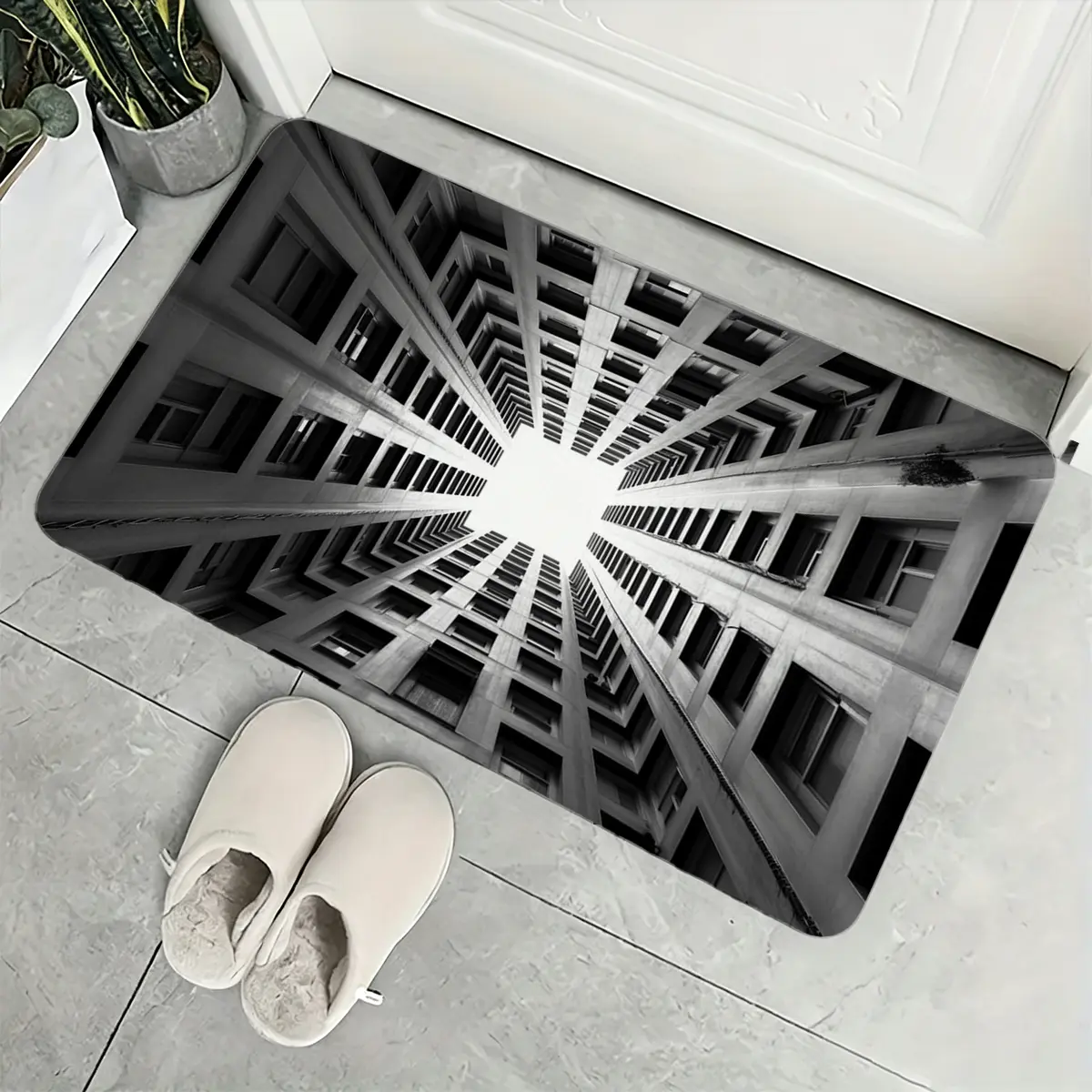 Black White 3D Optical Illusion Skyscraper Flannel Door Mat, 16×24in Abstract Building Perspective Pattern Non Slip Absorbent Floor Rug for Entryway Bathroom Bedroom