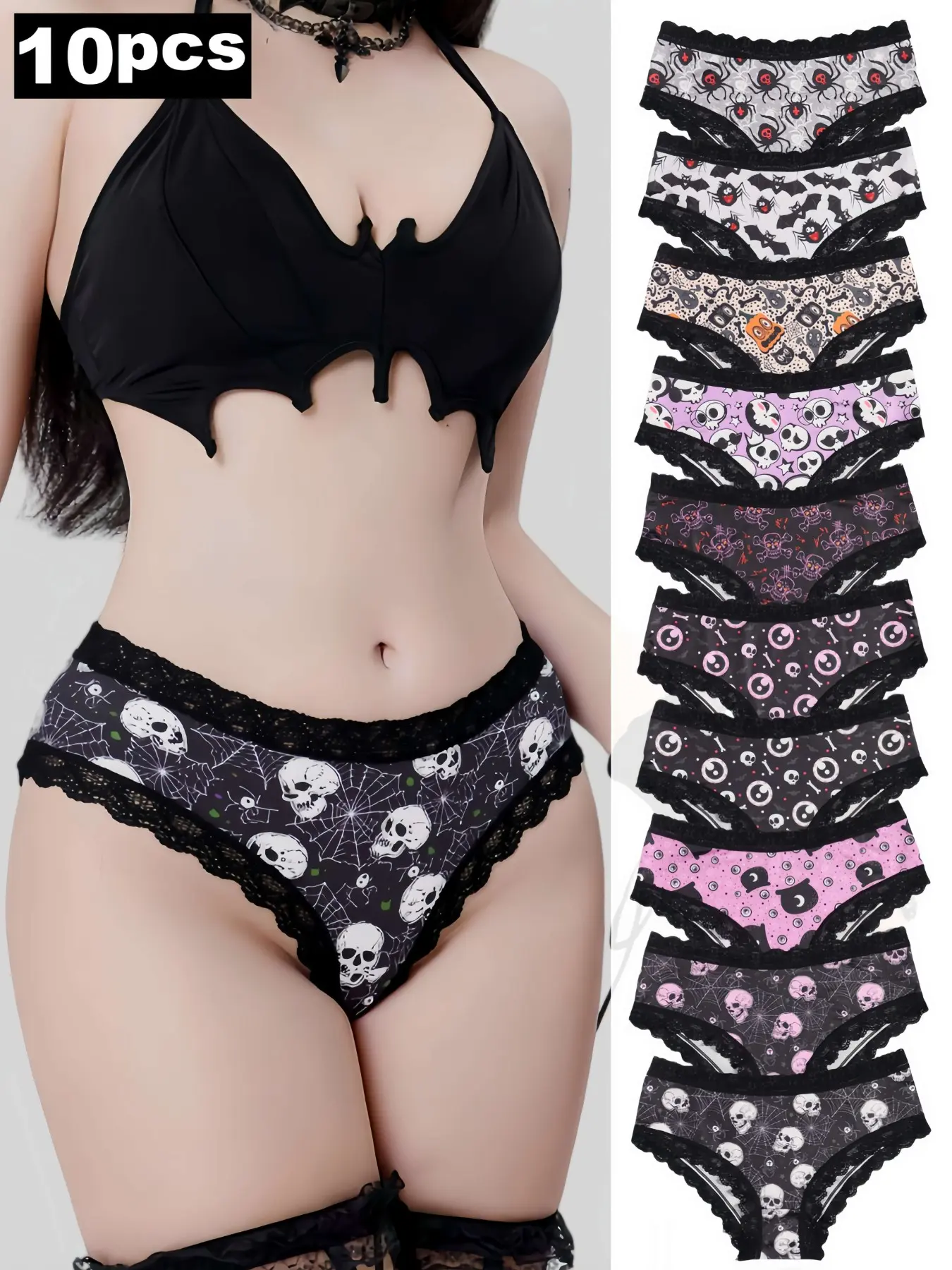 10-Pack Women's Thong Underwear, Lace Trim, Gothic Skull Print, Comfortable Casual Hipster Lingerie Set, Halloween Inspo, Lace Hipster Briefs, Lace Panties, Contrast Lace Underwear, Lacy Panties