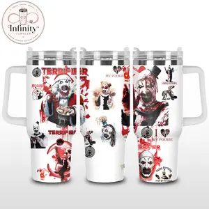 Terrifier Art The Clown 40oz Tumbler With Handle, Stainless Steel Insulated Travel Cup, White Red Horror Movie Graphic Drinkware, Scary Clown Fan Cup Gift For Halloween Use