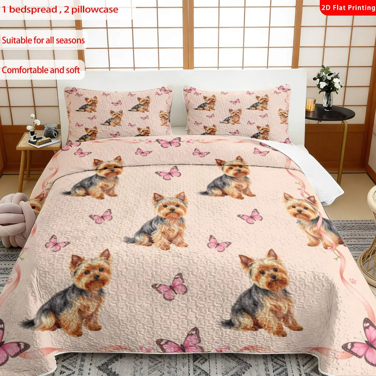 3pcs, 2D flat print cute Yorkshire Terrier butterfly pattern bed cover set, multiple sizes available, bedding set, festive decorative bedding, ideal for bedroom décor(1 bedspread , 2 pillowcase)