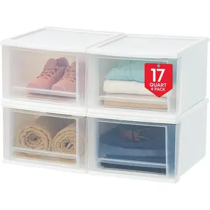 17 Qt. Plastic Drawer Storage Organizer Stacking Drawers, 4-Pack, Stackable Unit with Sliding Drawer for Clothes Bedroom Kitchen Under Sink Pantry Craft Room Bathroom Dorm Office, White