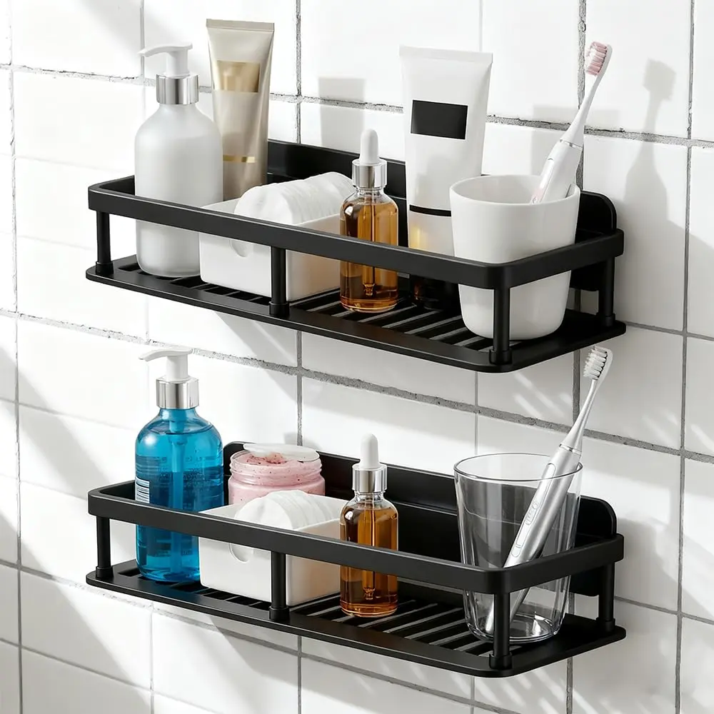 2pc Wall Mounted Floating Shelf, Detachable Storage Rack,No Drill Shelves for Wall,Floating Shelves Damage-Free Expand Walls Space for Living Room Kitchen Bathroom (2, Black)