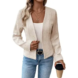 Mina Self 2026 Spring Women's Long Sleeve Tweed Blazer Jacket - Collarless, Open Front, Fully Lined, Elegant Fitted Outerwear for Work, Casual Wear