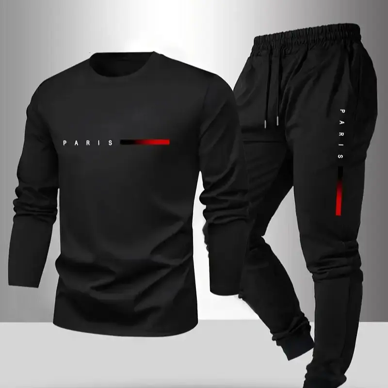 Men's 2-Piece Long Sleeve Matching Round Neck Pullover Hoodie & Pants Set - Autumn Winter New, Stylish Casual Mens Clothing with Letter Print