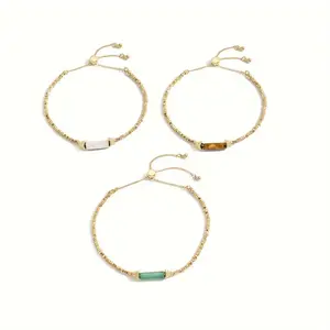 "Chic Gold-Tone Beaded Bracelet Set -  Boho Style Stackable Bangles with Colorful Accents"