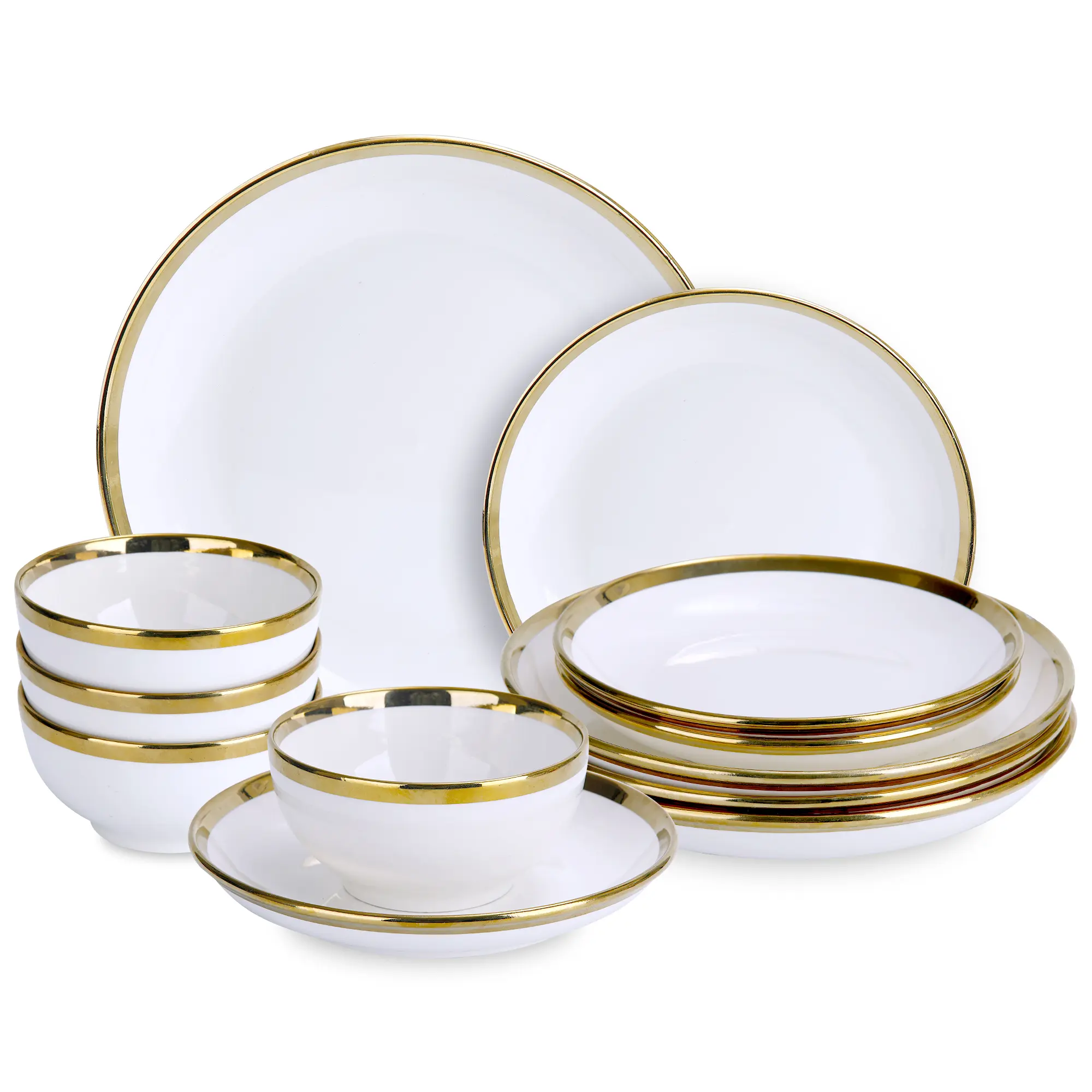 12 Pieces Porcelain Dinnerware with Gold Rim,Stoneware Plates and Bowls Sets Service for 4,Handmade Ceramic Dish Set, Highly Chip and Crack Resistant Modern Plate Set, White and Gold
