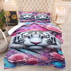 2/3-Piece White Tiger Themed Printed Comforter Set, Colorful Butterfly and Pink Rose Patterned Bedding Set, Bedroom Decoration High-End Fashion Soft and Comfortable, Including 1 Quilt and 1/2 Pillowcase