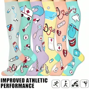 6 Pairs Athletic Compression Socks for Women Cute Pattern Breathable Knee High Socks Ideal for Running Cycling Hiking Travel Improved Athletic Performance thigh high socks socks for women compression socks women