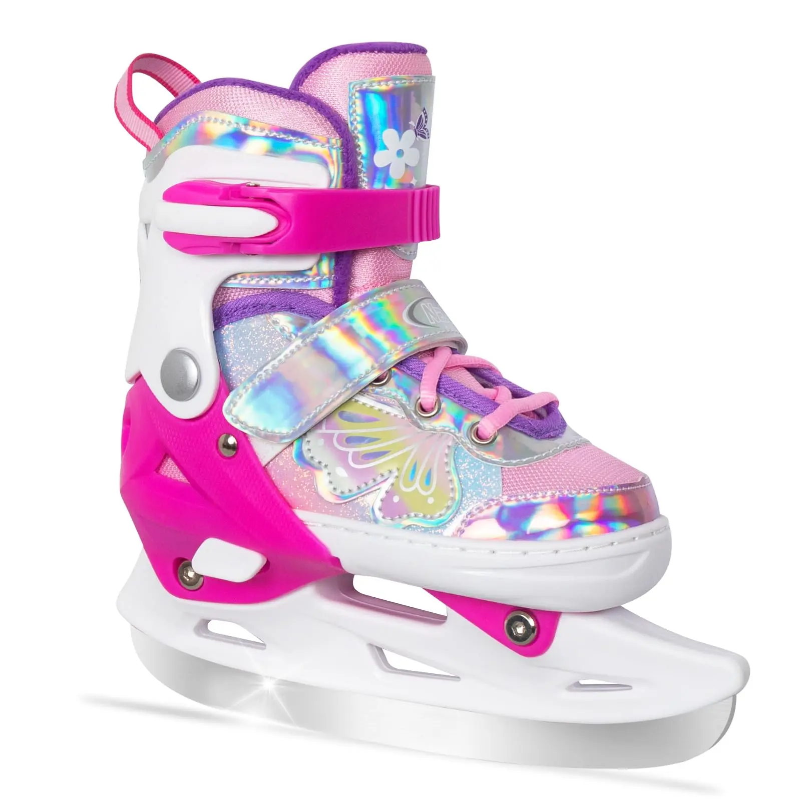 Girls' 4-Size Adjustable Butterfly Ice Skates, Shiny Laser Upper, Fleece Lining, Recreational Rink Skates