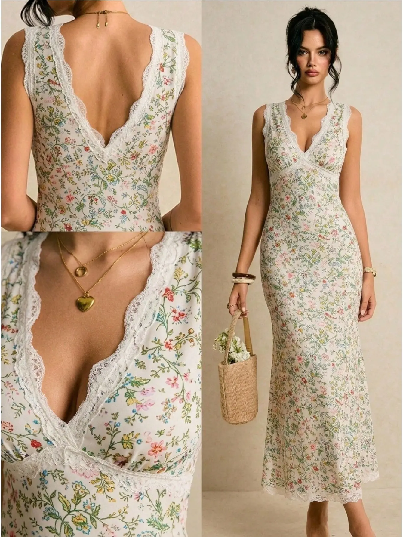 VYNCE Pink Floral Maxi Dress V-Neck Sleeveless Lace Patchwork Elegant Cottage Core Vintage Summer Vacation Beach Resort Wear