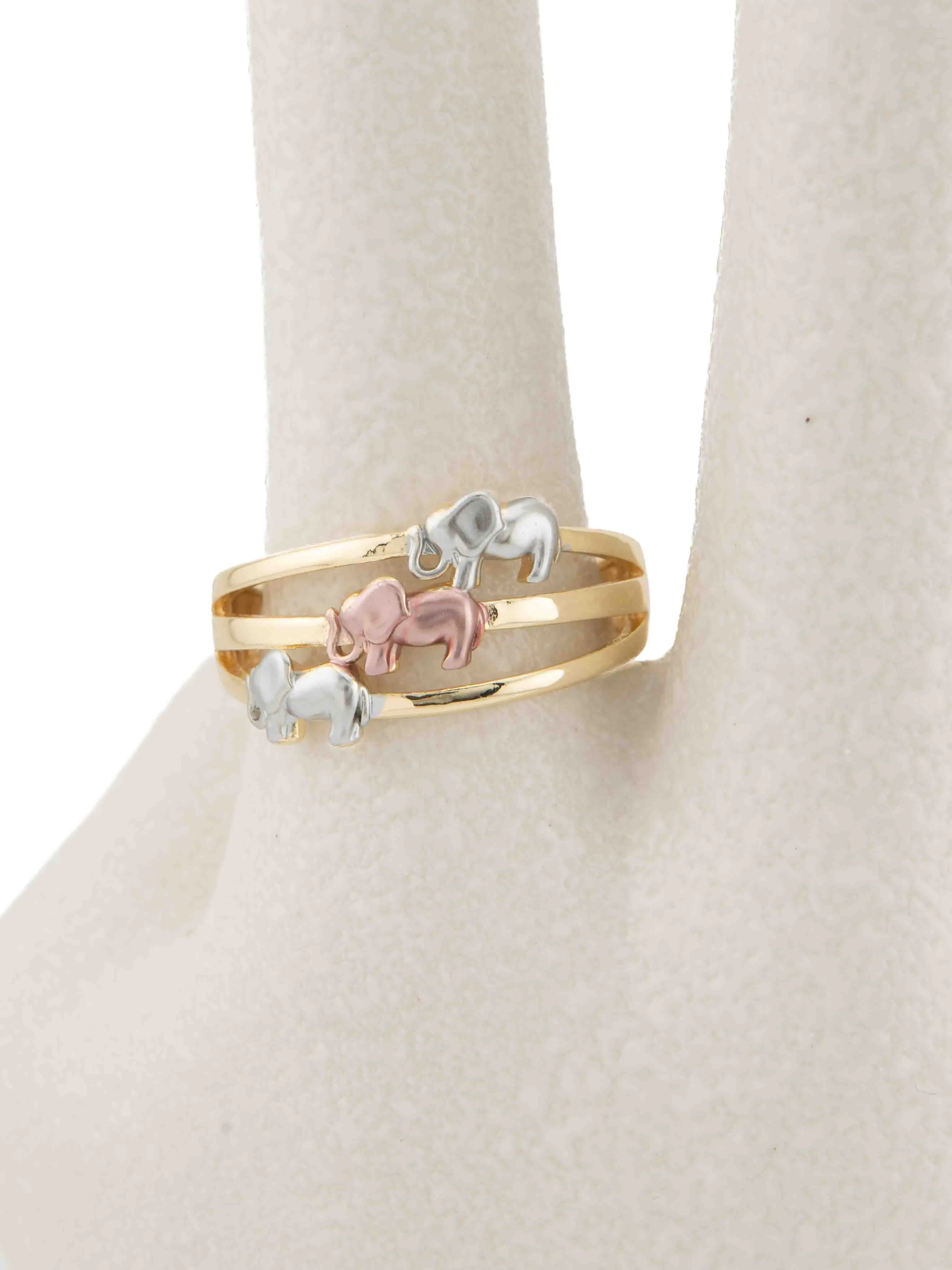 Three-Tone Gold Plated Ring with Elephants Available in Sizes #7 #8 #9 & #10 for Stylish Wear Woman Gift