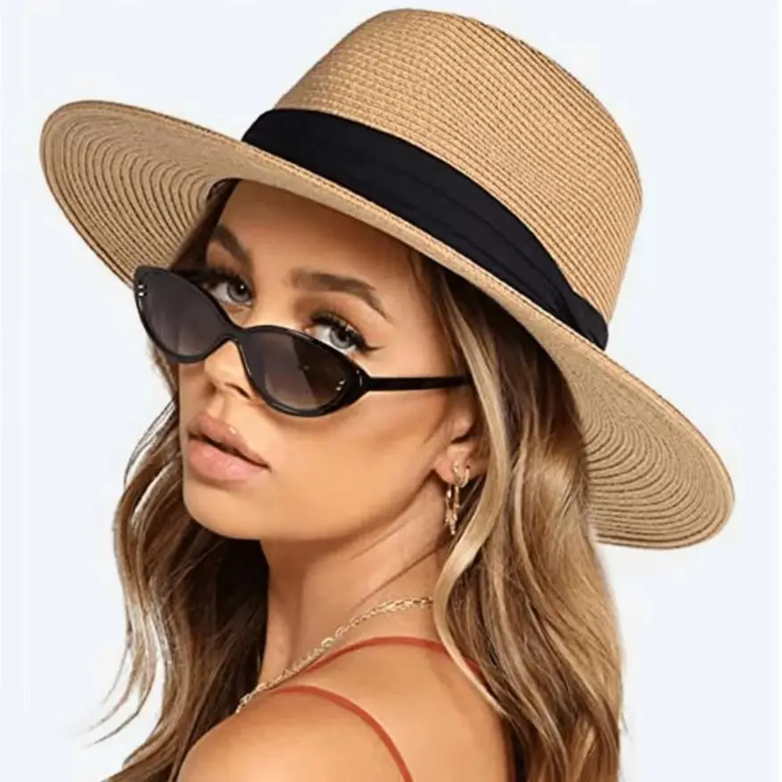 Womens Mens Wide Brim Straw Panama Hat Fedora Summer Beach Sun Hats UPF Straw Hat for Women