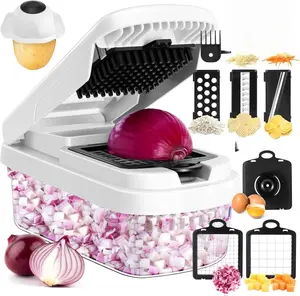 Vegetable Chopper,12-in-1 Multifunctional Food Chopper,Professional Onion Chopper with 7 Blades,Vegetable Cutter with Container for Salad,Potato,Carrot,and Garlic,Essential Kitchen Tool (White)