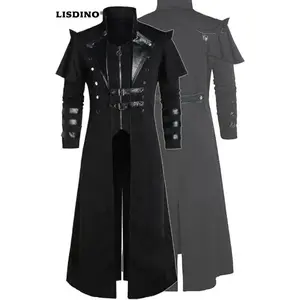 Men's Steampunk Gothic Long Trench Coat Jacket Double Breasted Zipper Punk Tops Cosplay Medieval Costume Black