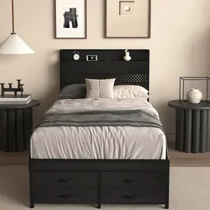 Twin Size Bed Frames with Headboard and 4 Drawers, Twin Platform Bed with Storage, Metal Twin Bed with Slats, No Box Spring Needed
