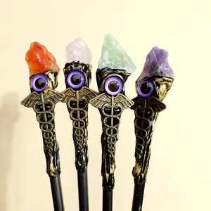 Natural Gemstone Rose Quartz & Amethyst Evil Eye Crystal Scepter, Raw Stone Magic Wand for Kids, Creative Play Toy, Unique Gift Idea
